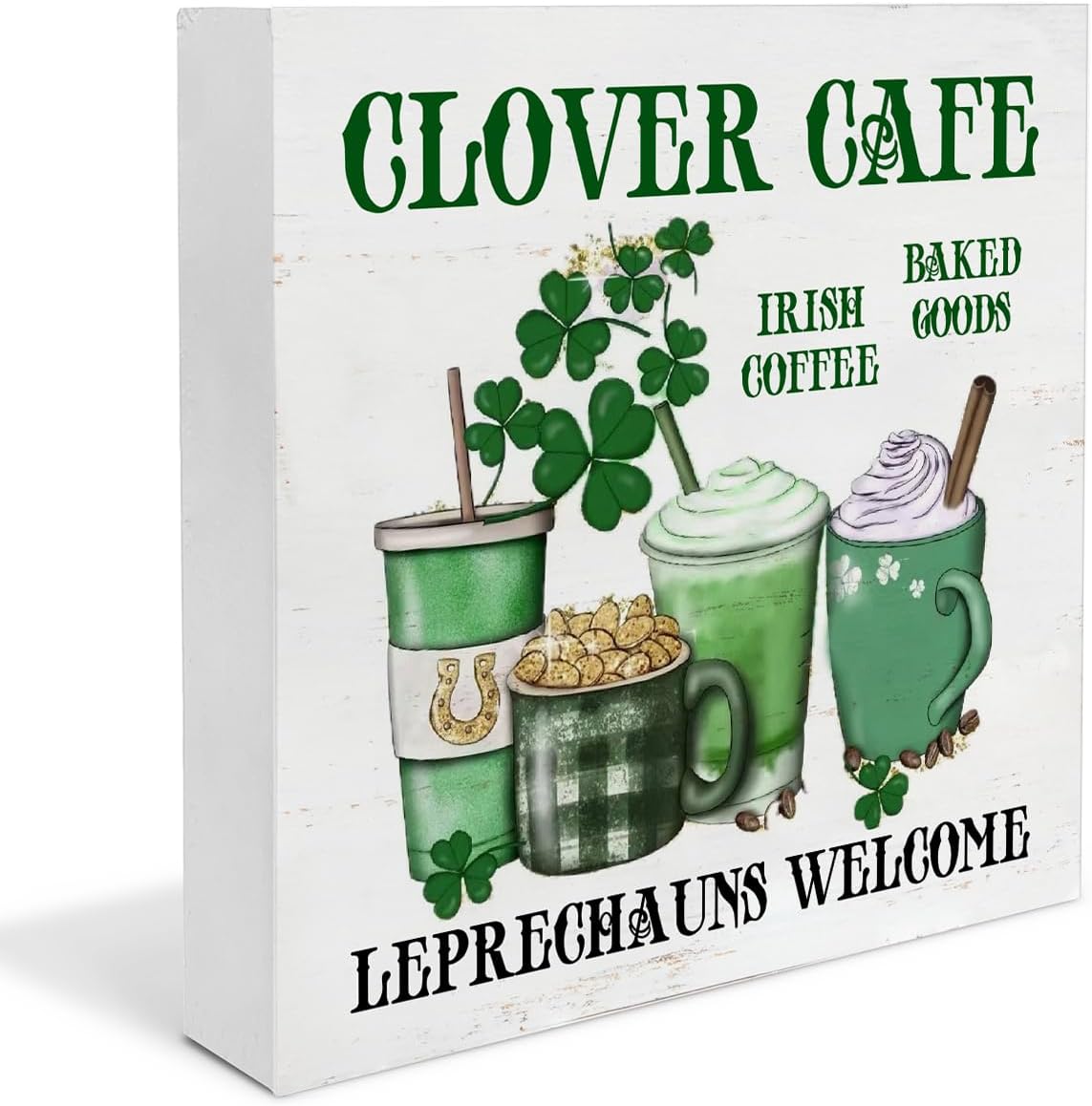 Coffee Decor, St. Patricks Day Decor Clover Cafe Wooden Sign St Patricks Day Decorations Home Kitchen Decor for Desk Table Shelf 5 x 5 Inches, Irish Coffee Decor