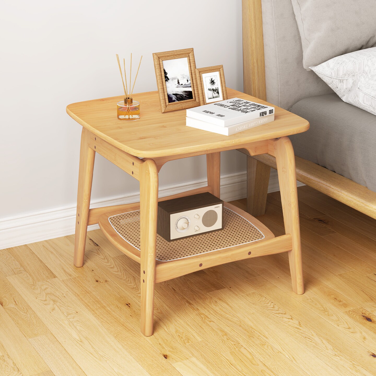 Wicker Sofa Side Table with Faux Rattan Storage Shelf-Natural
