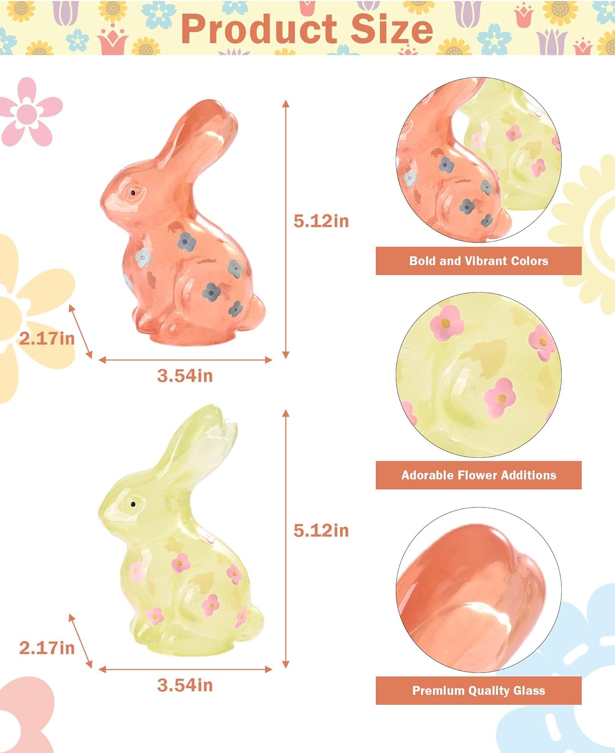 Easter Bunny Decorations Set of 2, Pink and Yellow Glass Rabbit Figurines with Delightful Flower for Spring Tabletop Decor, Indoor Home Decor