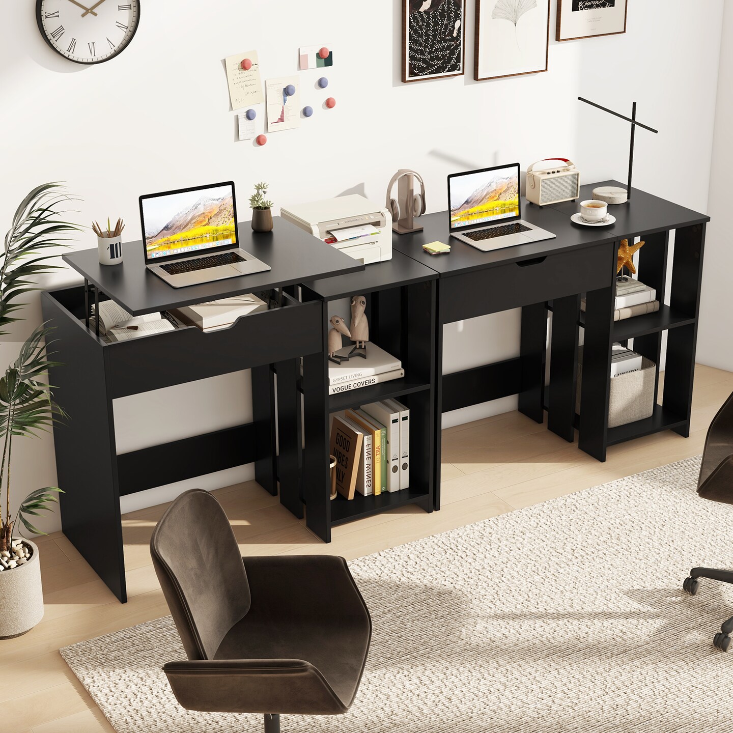 Black Space Saving Computer Desk with Hidden Compartment and Open Storage Shelves