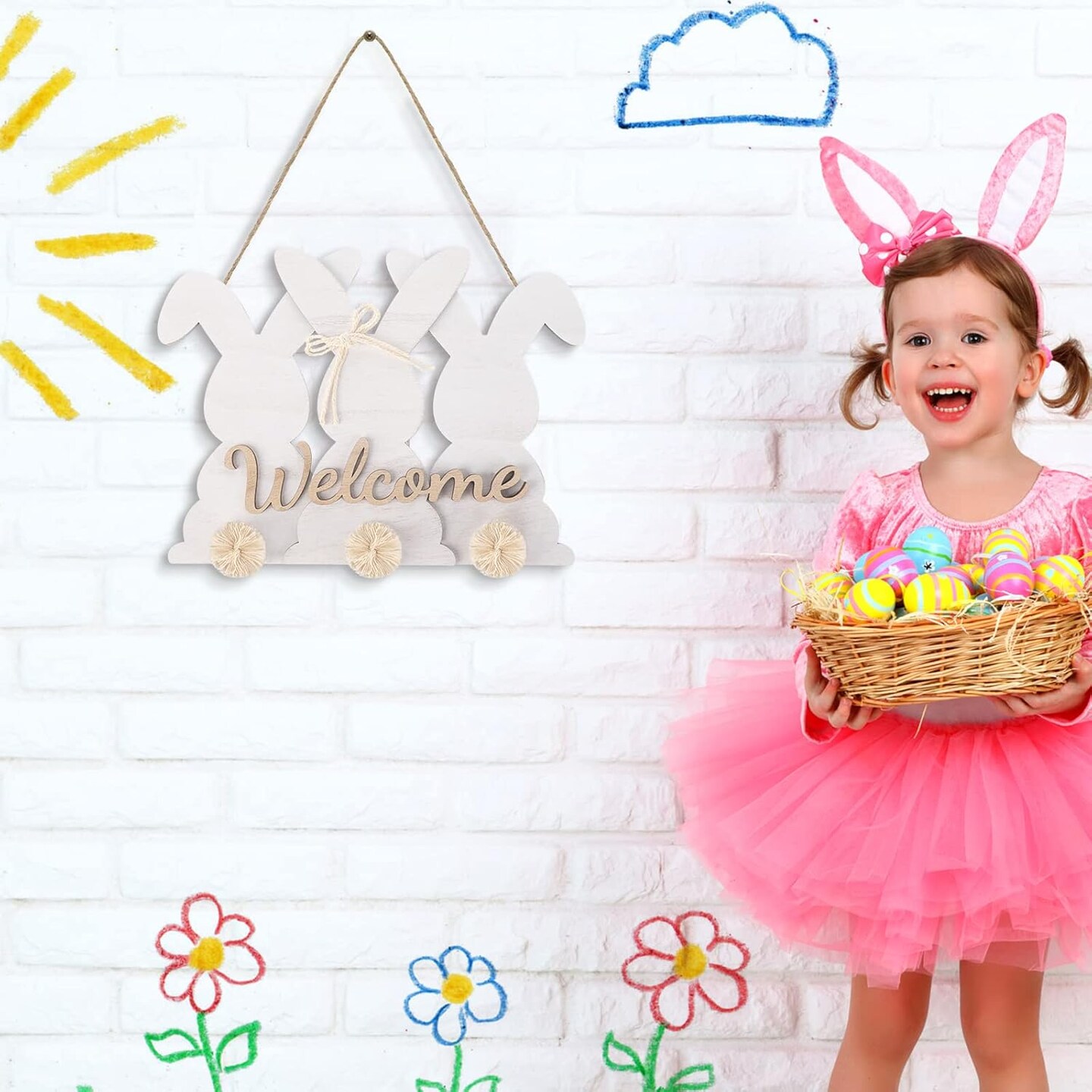 Easter Bunny Welcome Door Sign Easter Wooden Door Decor Bunny Wreath Hanging Plaque Farmhouse Home Front Porch Rabbit Sign with Bow for Shop Home Garden Spring Decor(Natural Color)