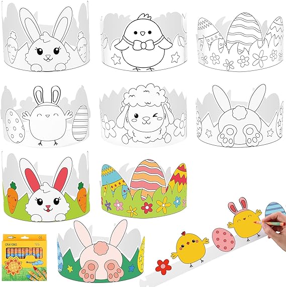 30 Sets Easter Crown Craft for Kids Color Your Own Easter Crown with Crayons DIY Coloring Easter Adjustable Paper Headband for Kids Easter Spring School Party Supplies