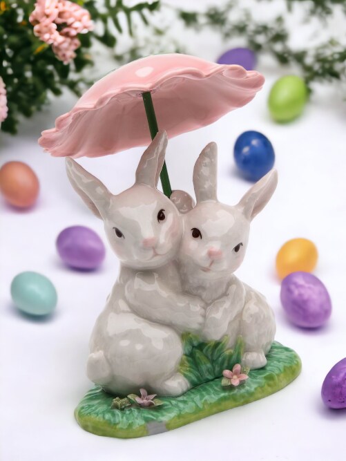 Ceramic Bunny Rabbits Sharing a Flower Umbrella, Home D&#xE9;cor, Gift for Her, Gift for Mom, Kitchen D&#xE9;cor, Spring D&#xE9;cor, Easter D&#xE9;cor