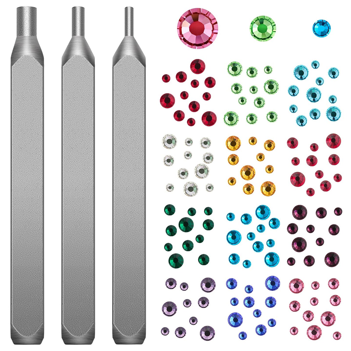 Flat Back Crystals Setter Metal Stamping Punches Kit Includes 3 Pieces Jewelry Metal Stamping Tool for DIY, 1.8 mm, 2.5 mm, 4 mm and 1500 Pieces Multi Colored Rhinestones Crystals