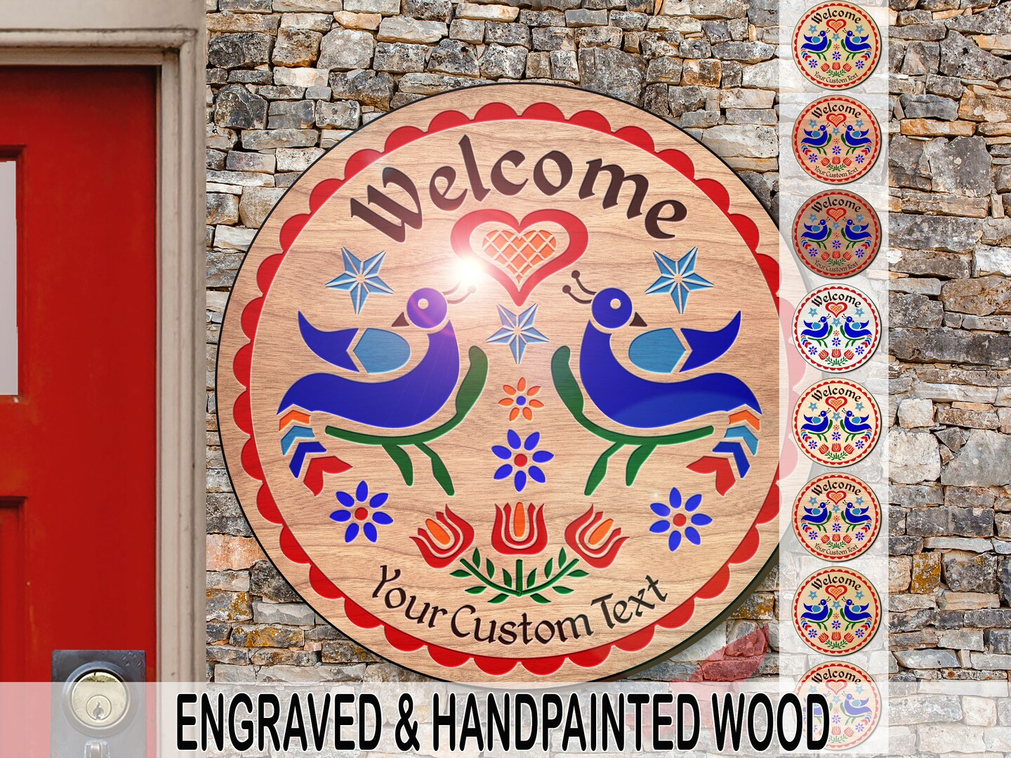 hxw: WELCOME DOUBLE DISTELFINK Engraved Wood Hand-Painted (08-36") PA Dutch Hex Sign