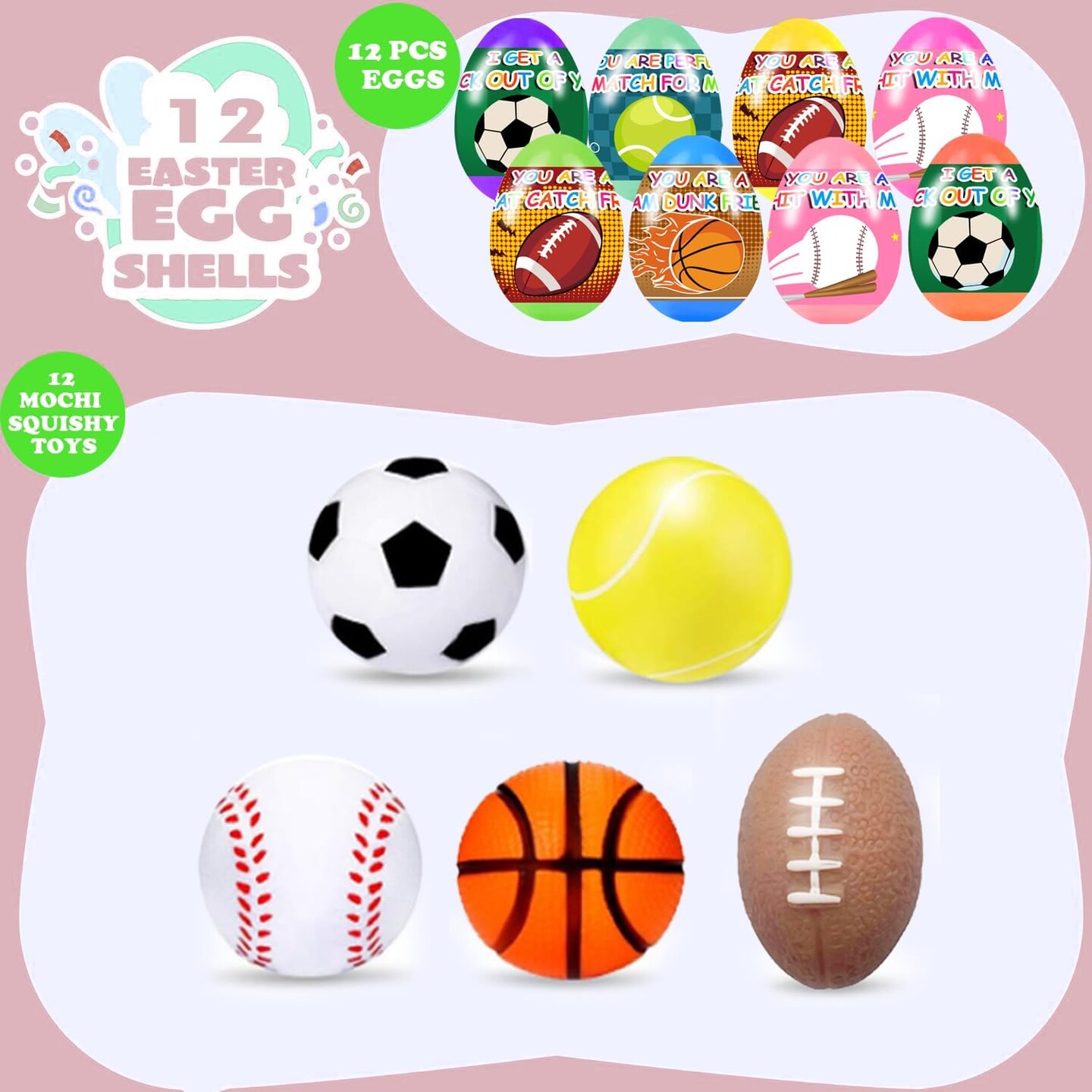 12 Pieces Prefilled Easter Eggs with Mini Football Basketball Squishy Toys Great