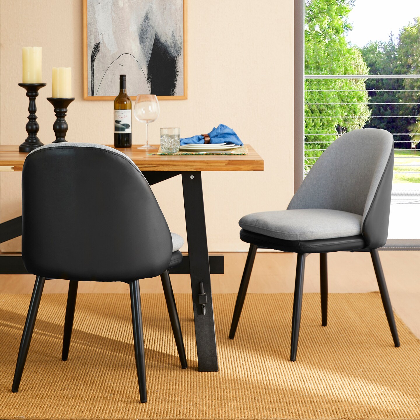 Set of 2/4 Modern Two-tone Color Dining Chair with Metal Black Tapered Legs - Black Leatherette Mixed Grey Fabric