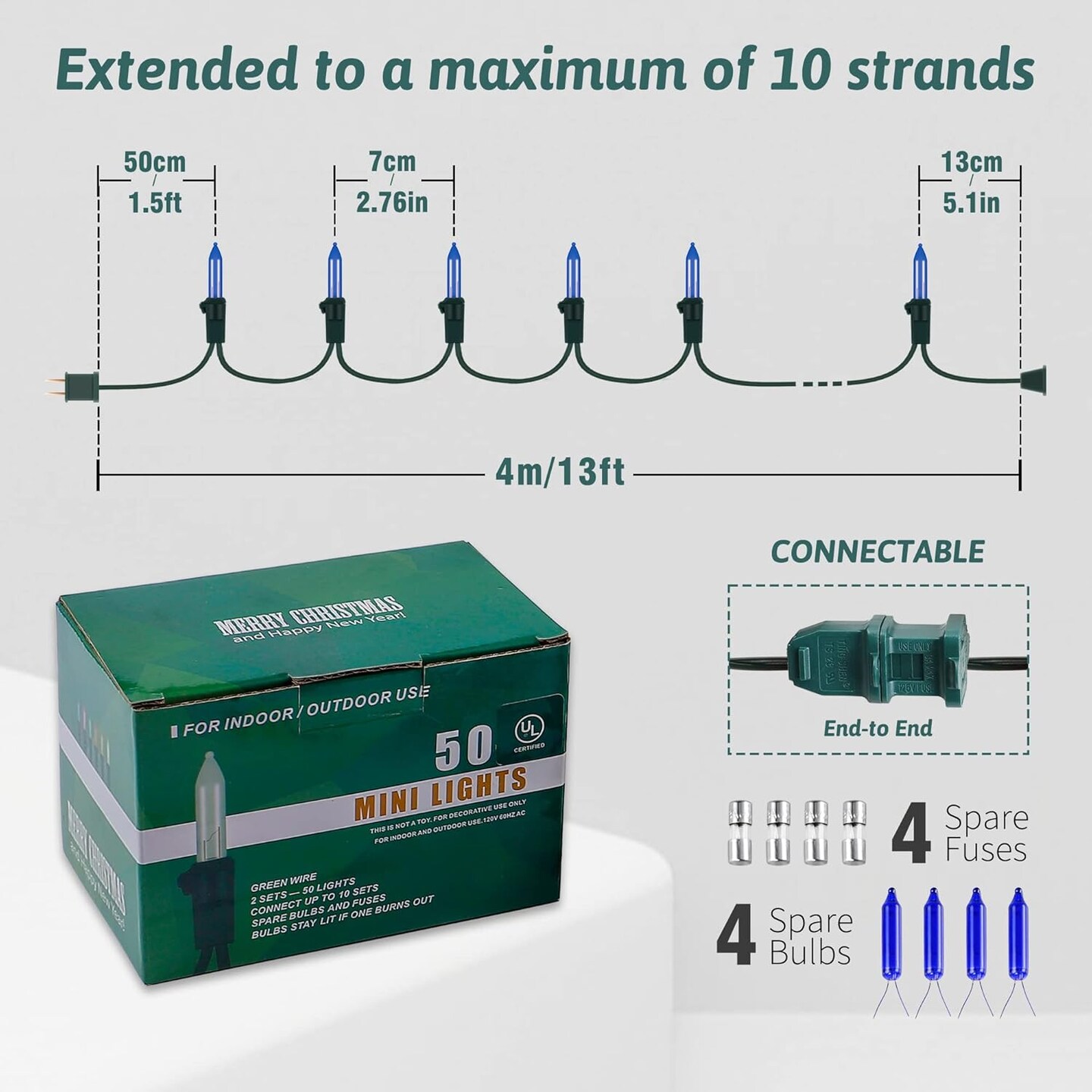 Christmas Lights Indoor Outdoor,2PACK 13FT 50-count Lights Incandescent Mini Halloween String Light,120V UL Certified Green Wire Lights for Xmas Tree,Patio,Holiday,Party,Home,Garden Decor,Blue