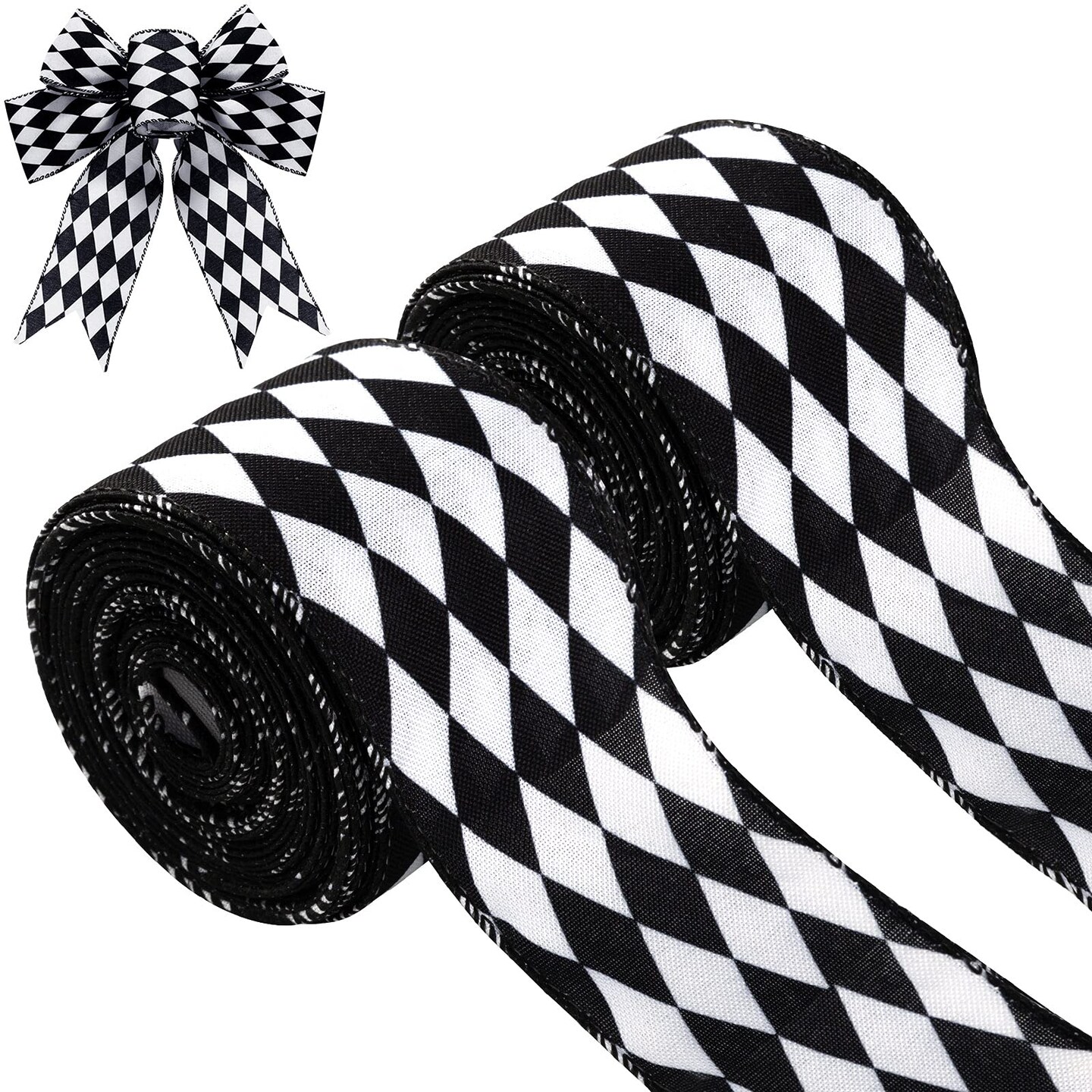 2 Rolls Christmas Checkered Ribbon Black and White Check Ribbon Diamond Check Wired Edge Ribbon Diamond Pattern Decorative Ribbons for Christmas Fall Tree Wrapping DIY Crafts (2.6 Inch)