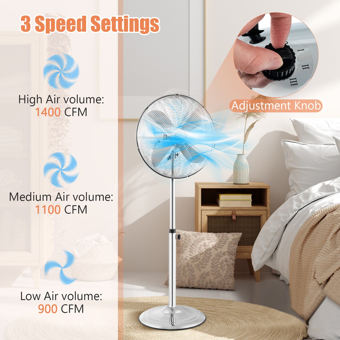 Metal Pedestal Fan 16 Inch Oscillating Adjustable Height 3 Speed