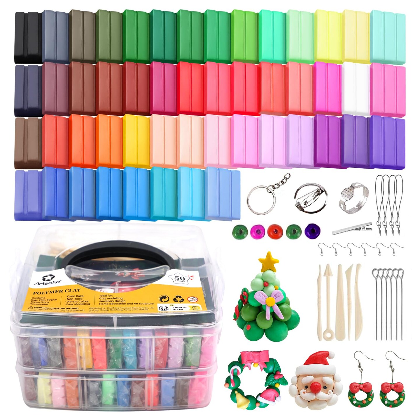 Polymer Clay, 50 Colors Modeling Clay for Kids, Christmas Earring Making Kit with Sculping Tools, Sculpey Clay Kit for Christmas Gifts