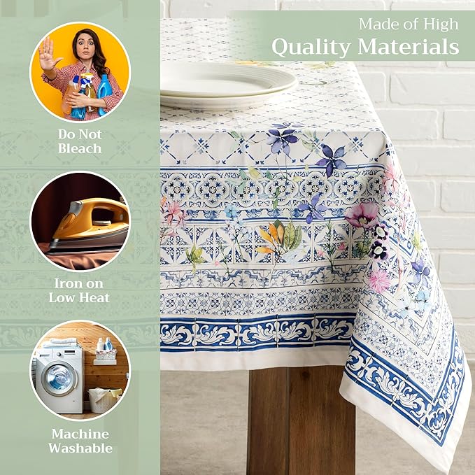 Tablecloth 70&#x22;x108&#x22; - Faience Pattern - Rectangle Decorative Cotton Tablecloth for Dining Room, Home, Farmhouse, Parties, Outdoor, Boho &#x26; Wedding - Ideal for Spring &#x26; Summer