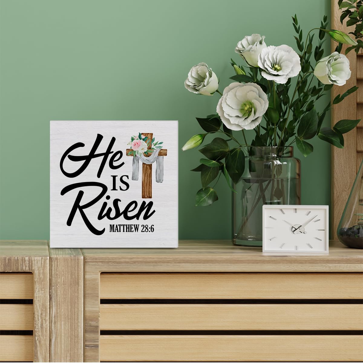 Christian Decor, He is Risen Bible Verse Wood Sign Scripture Easter Decorations Tabletop Shelf Desk Home Decor, 5 X 5 Inches