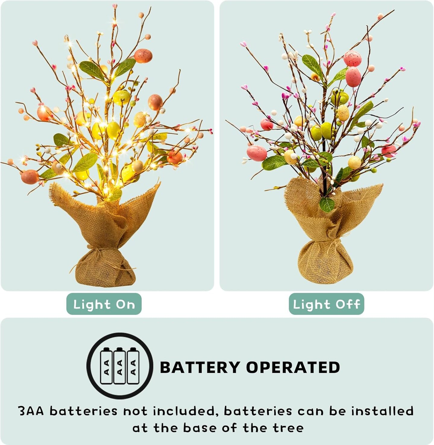 Easter Decorations Easter Egg Tree with Lights, Lighted Trees Battery Powered, Tabletop Centerpiece Decor with Colorful Egg Ornaments for Home Table Party Spring Decoration (2 Pack)