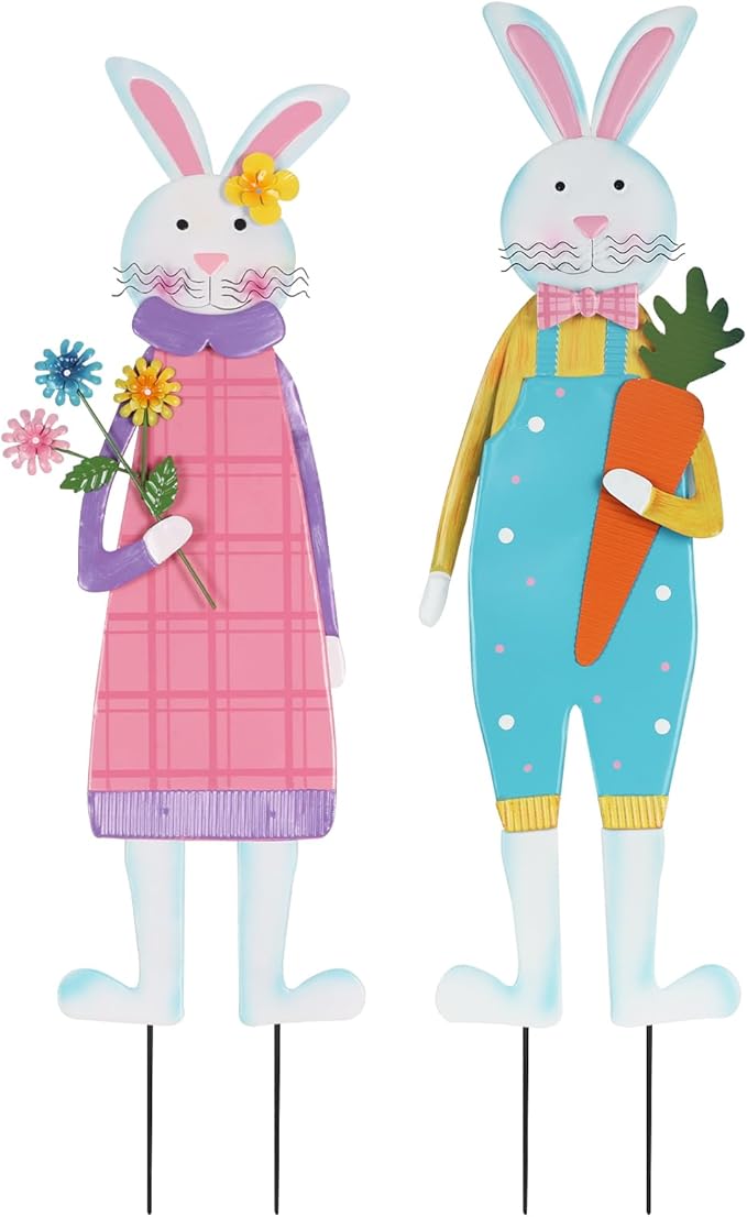cSet of 2 Metal Bunny Decorative Garden Stakes for Easter Decor, Spring Rabbits Yard Stakes for Home Outside Front Door Porch Lawn Garden Backyard Decorations