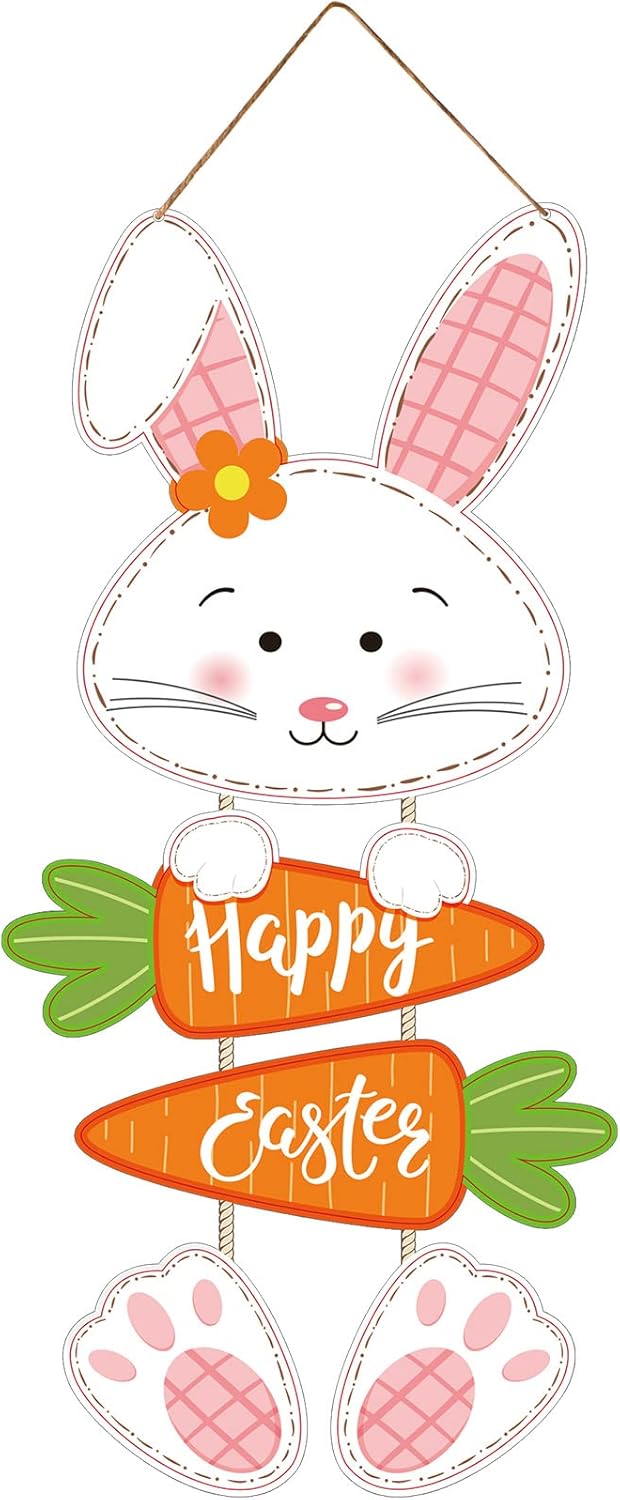 Easter Decorations Rabbit Sign Hanging Wall Decor Bunny Carrot Happy Easter Door Signs with Ropes Decorative Easter Theme Sign Plaque Hanger for Easter Home Wall Door Indoor Outdoor Spring Decoration