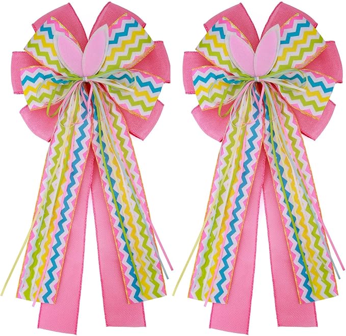 2 Pcs Large Easter Burlap Bow 20 x 10 Inch Wreaths Spring Bunny Rabbit Bows for Gift Wrapping Tree Topper Front Door Party Home Decorations (Easter)