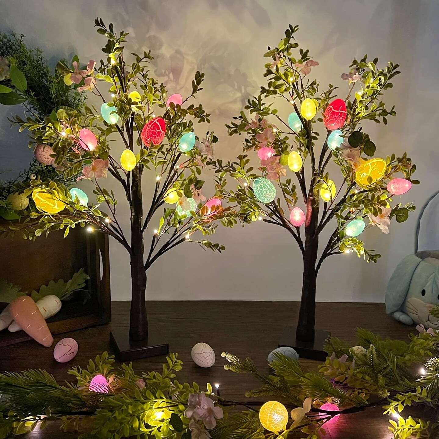 Set of 2 Lighted 24" Easter Trees – Artificial Tabletop Bonsai with Eggs & Colorful LED Lights