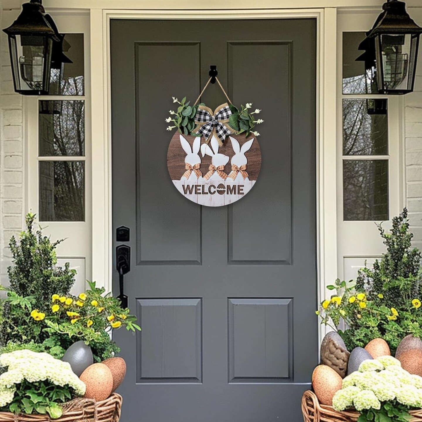 Easter Wall Sign Decor – Front Door Bunny & Spring Welcome Hanging Sign for Farmhouse