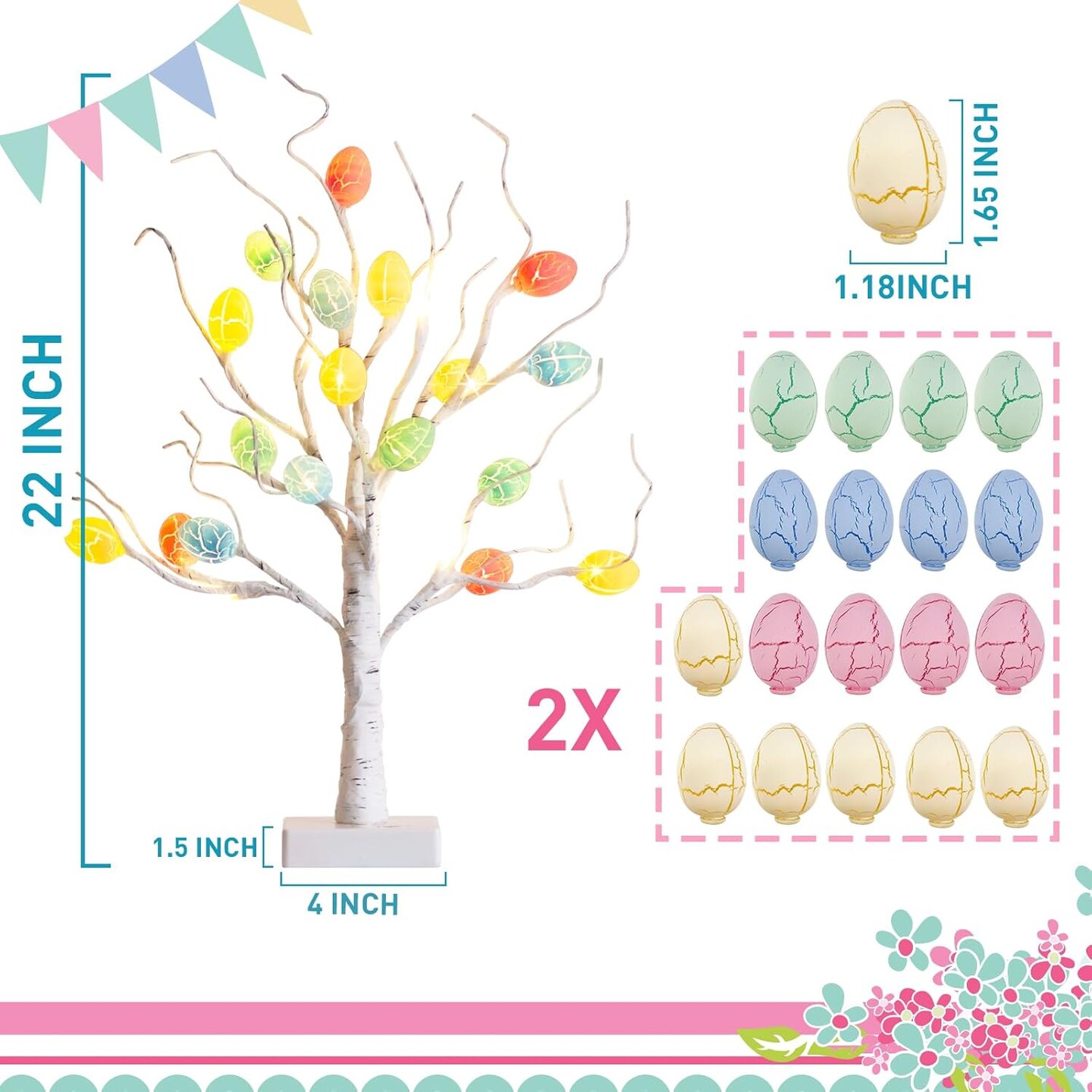 Easter Decorations, 22&#x22; Easter Tree Lighted Tabletop with 36 Cracked Egg, Easter Egg Tree for Spring Decoration, 2PK Pre-lit White Birch Tree for Indoor Home Decor, USB and Battery Powered
