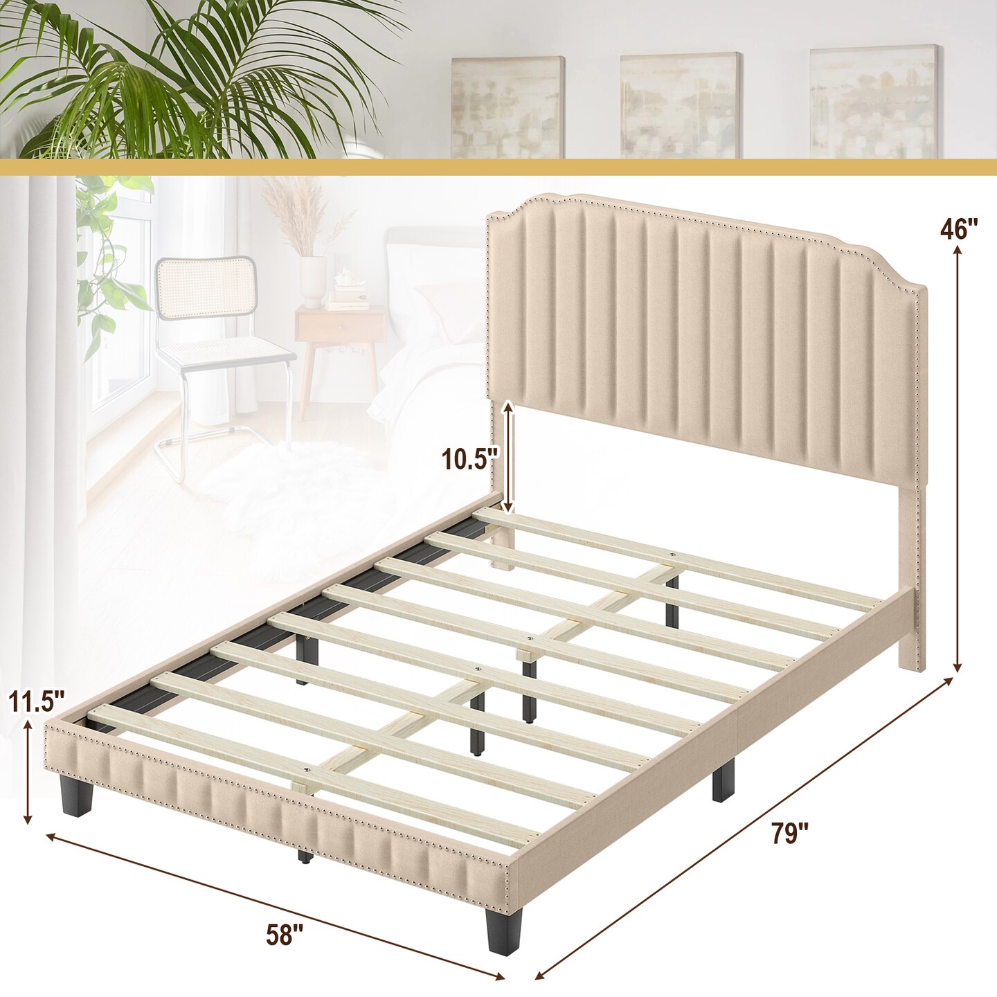 Metal Heavy Duty Upholstered Bed Frame with Rivet Headboard and Sturdy Support