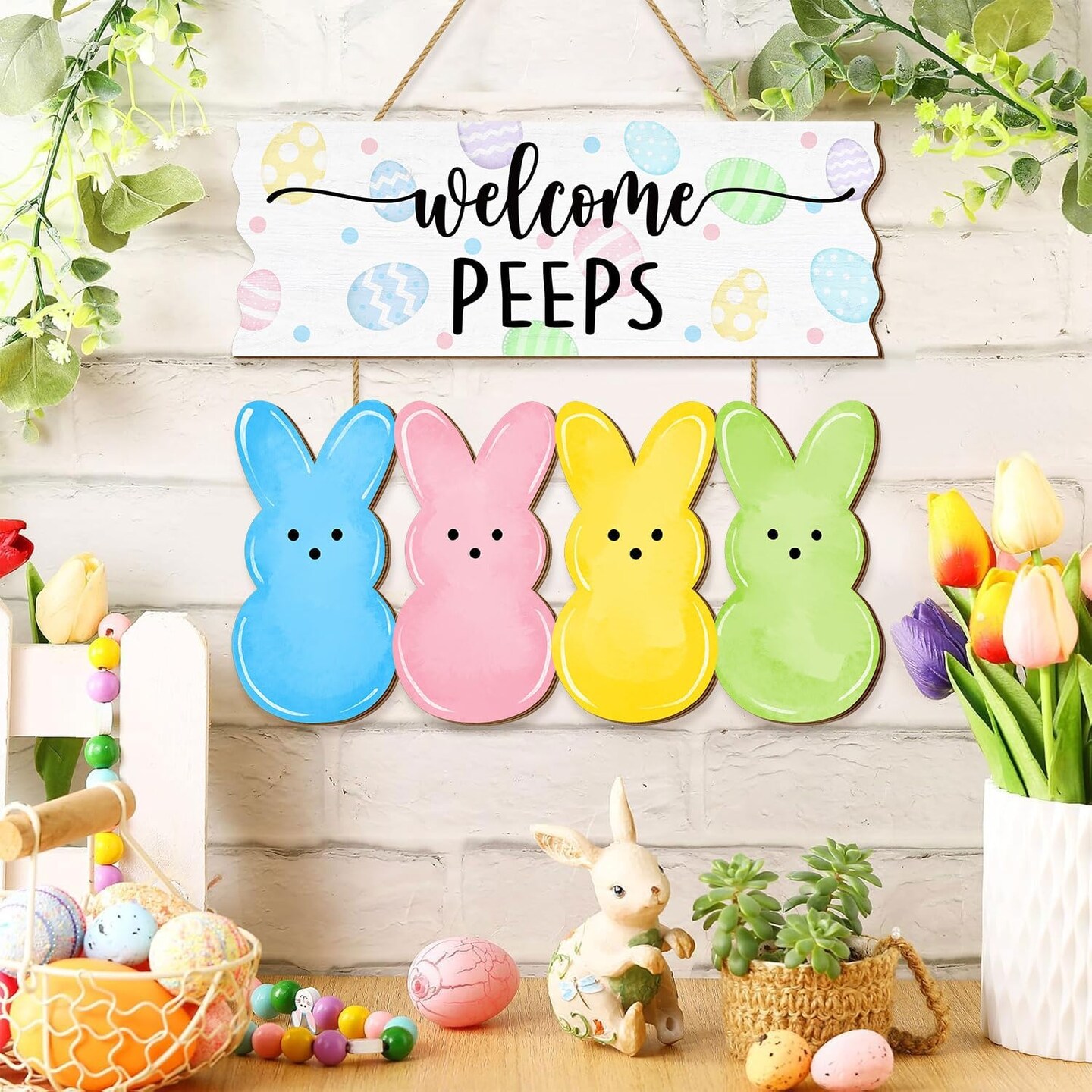 Easter Door Sign Bunny Decor, Welcome Peeps Wall Sign Decorations, Easter Eggs Wooden Door Hangers Wreath for Indoor Outdoor Spring Easter Decorations Home Party Supplies