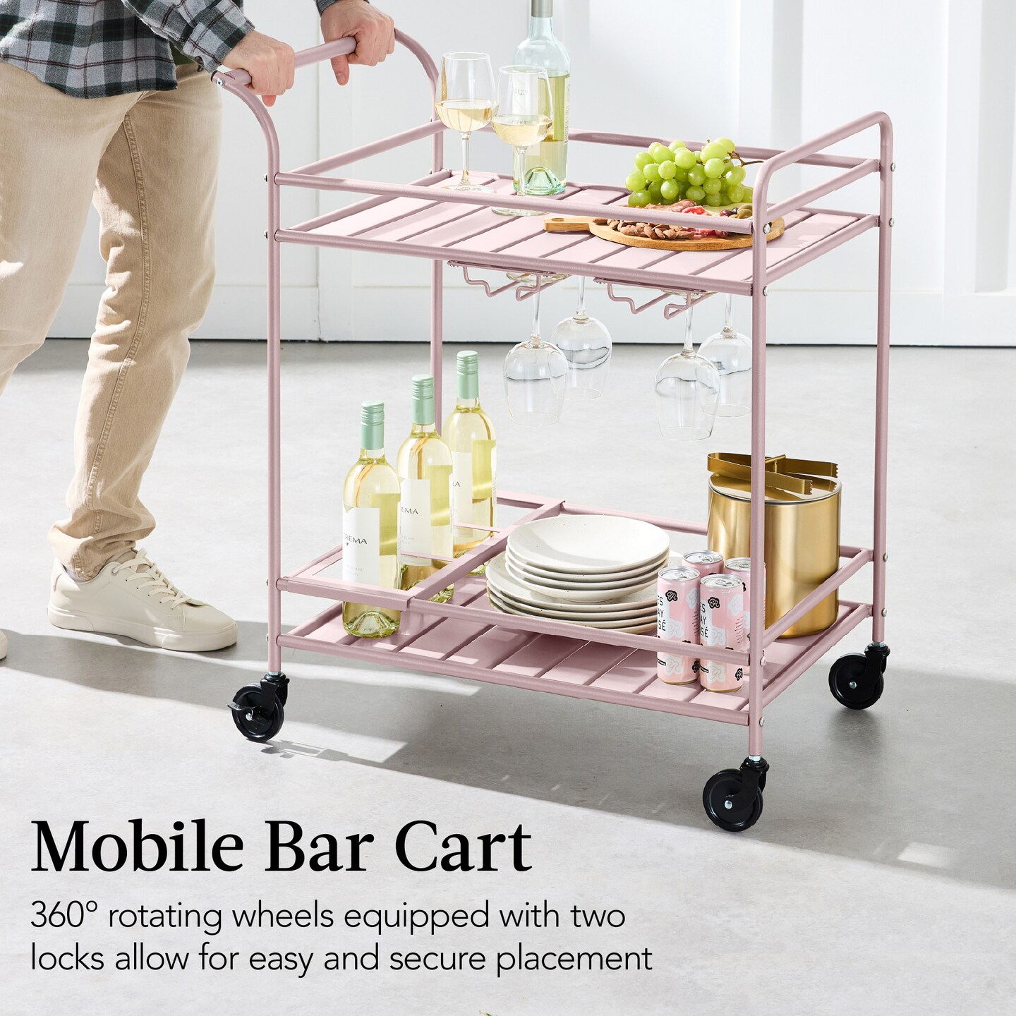 Best Choice Products 2-Tier Rolling Bar Cart Indoor/Outdoor w/ Storage Shelves, Wine Rack, Lockable Wheels