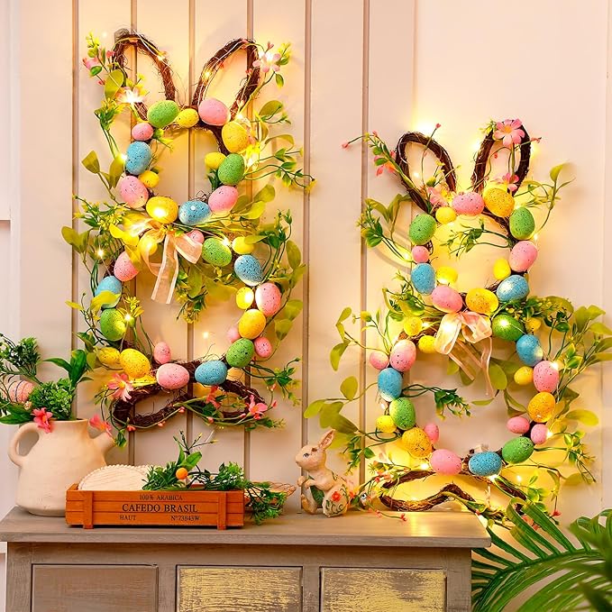 2 Pcs Easter Bunny Spring Wreath with 20 LED Lights 23.6'' Easter Rabbit Door Wreath with Bow Eggs Hanging Bunny Wreaths for Front Door Easter Door Hanger for Spring Outdoor Wall Home Decoration