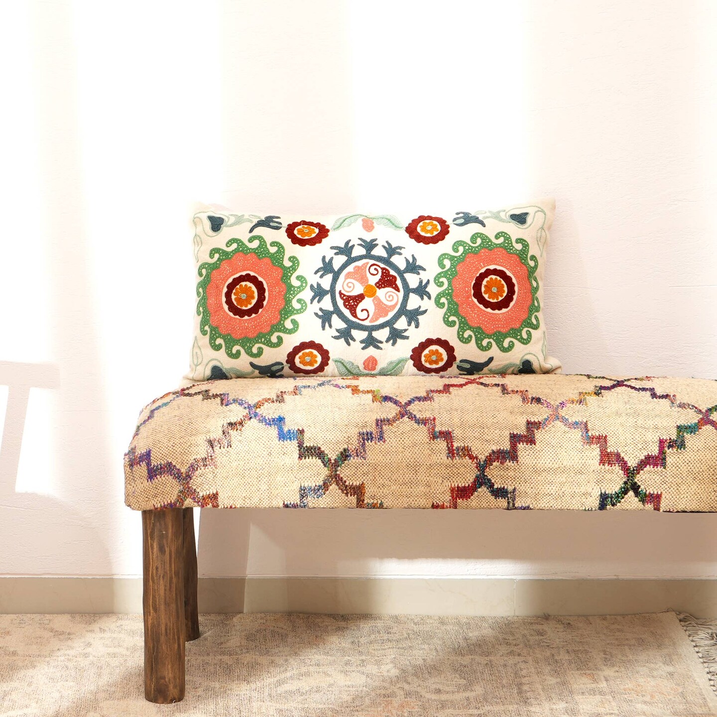 Lumbar Pillow | Suzani Embroidered Multicolor Pillow – Decorative Boho Cushion for Stylish Home Décor | 26"x14"