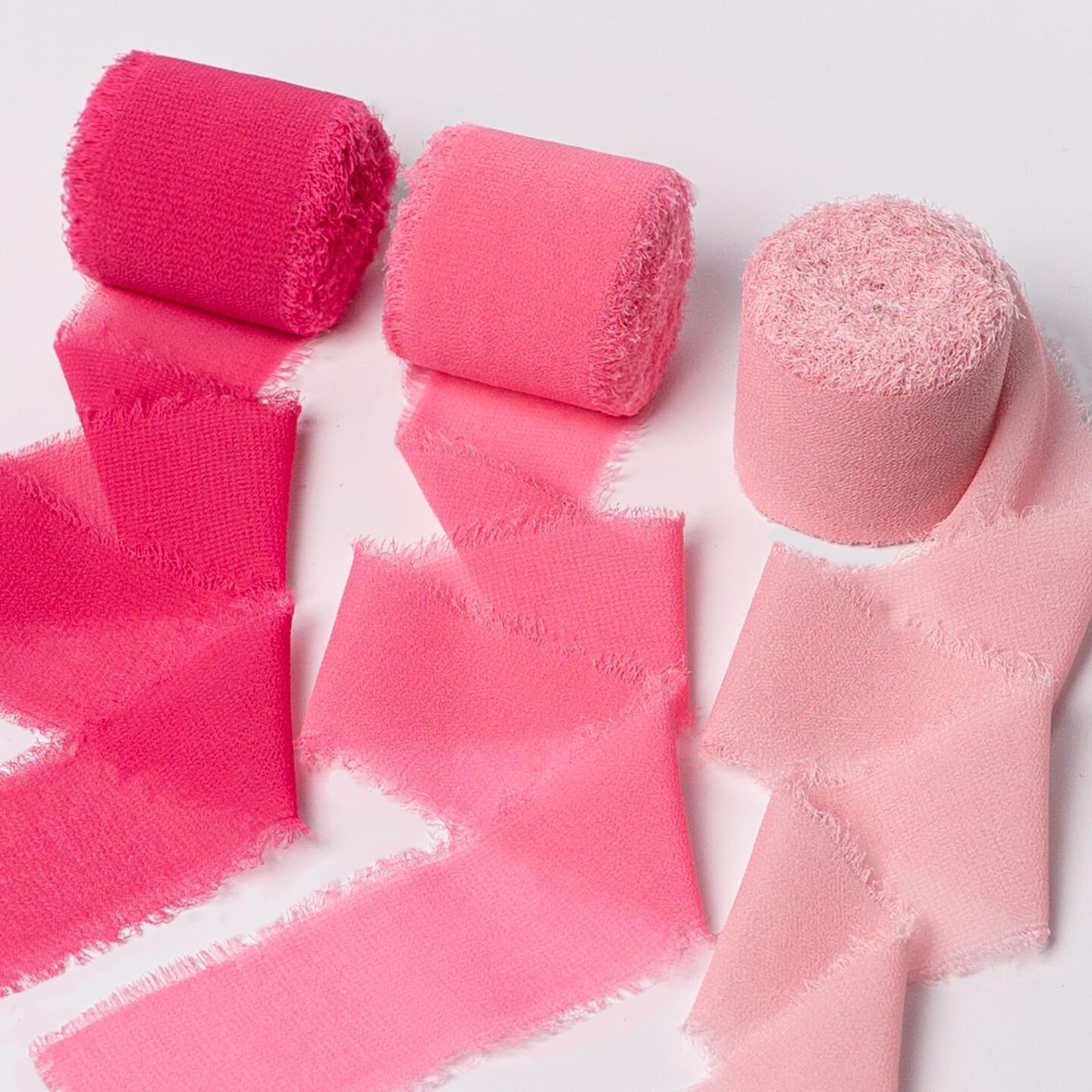 Chiffon Ribbon, Hot Pink Pastel Pink 1.5&#x27;&#x27;x21Yd Frayed Fringe Silk Ribbon for Gift Wrapping, Handmade Ribbons for Floral Vase, Halloween, Wedding, Birthday, Engagement, Bridal Shower, 3 Rolls