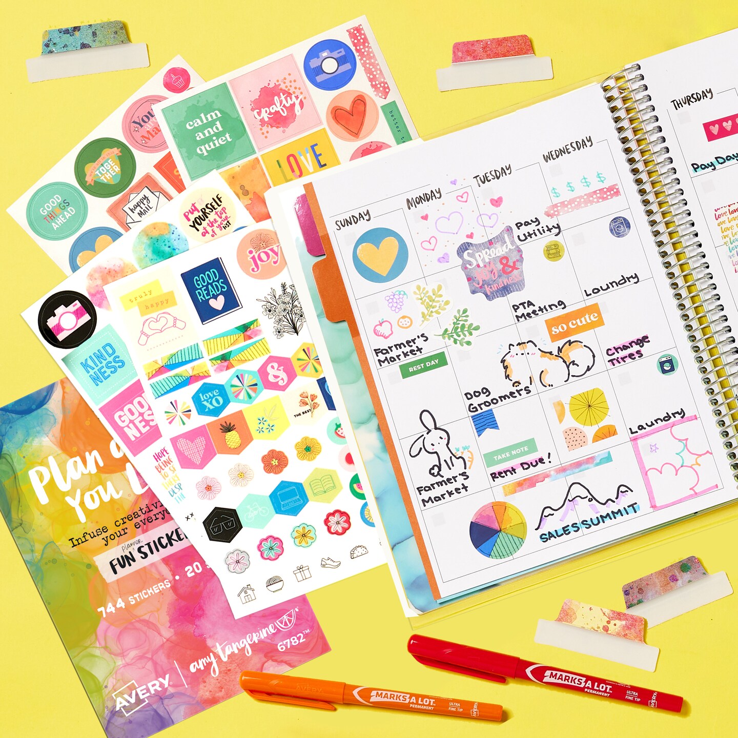 Avery + Amy Tangerine Designer Collection Planner Stickers, 20 Sheets of Weekly Planner Stickers, Set of 744 Planner Stickers, Monthly and Daily Accessories for Journals and Calendars (6782)