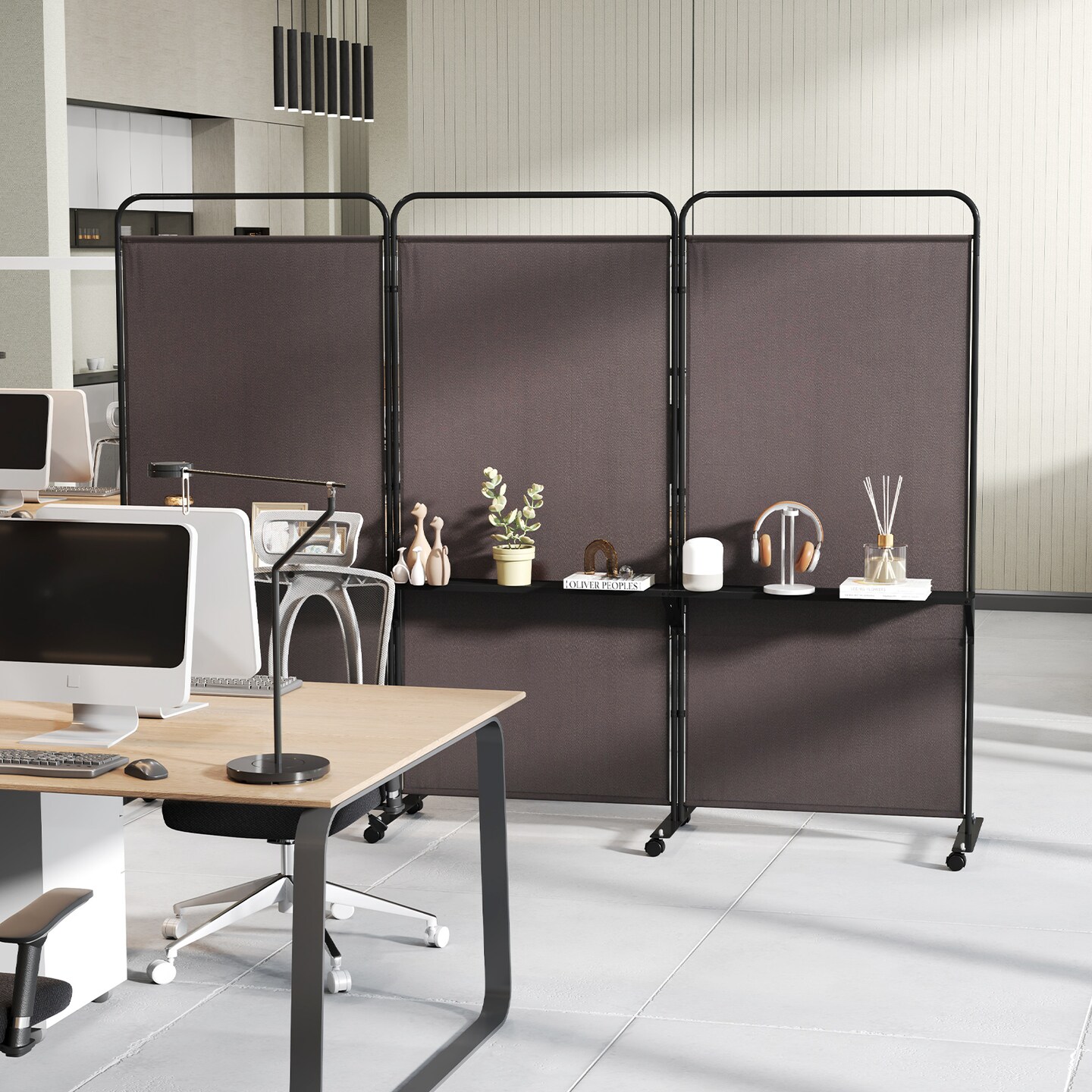 3-Panel Folding Room Divider with 3 Metal Shelves and Lockable Wheels