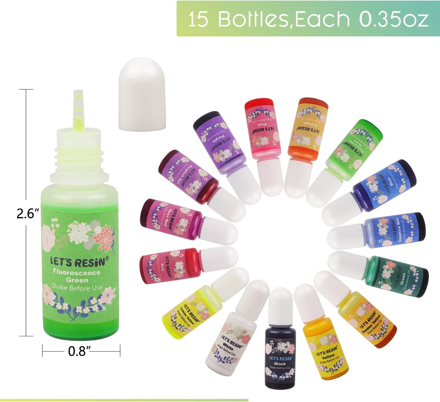 LET&#x27;S RESIN Epoxy Resin Dye,15 Color Translucent Epoxy Resin Pigment,Odorless Concentrated Epoxy Resin Paint Each 0.35oz,Liquid Resin Colorant for Resin Coloring,Epoxy Resin,Resin Molds