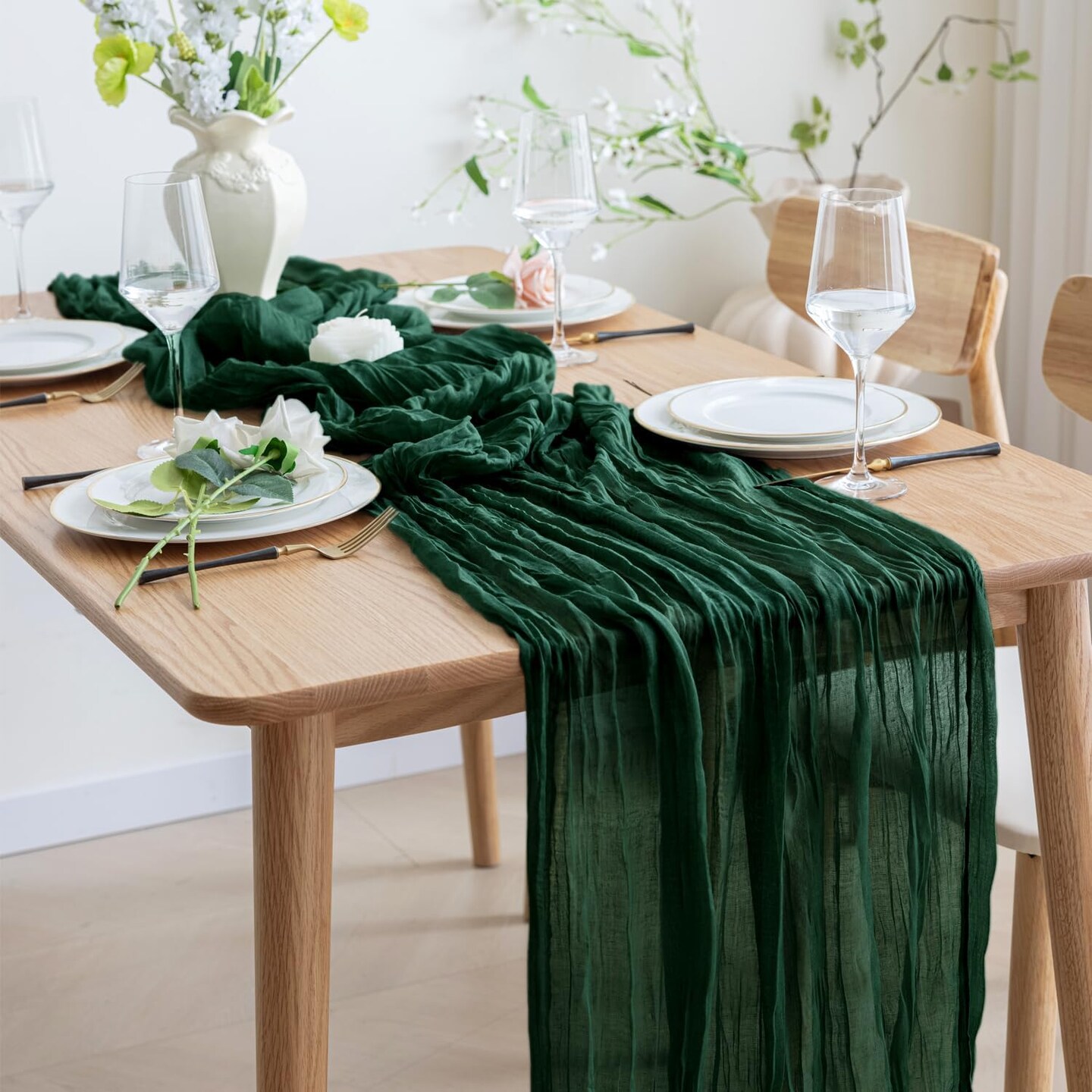 Table Runner Cheesecloth 10FT Emerald Green Boho Gauze Fabric Rustic Sheer Cheese Cloth Runners for St.Patrick's Day Wedding Bridal Shower Party Decoration