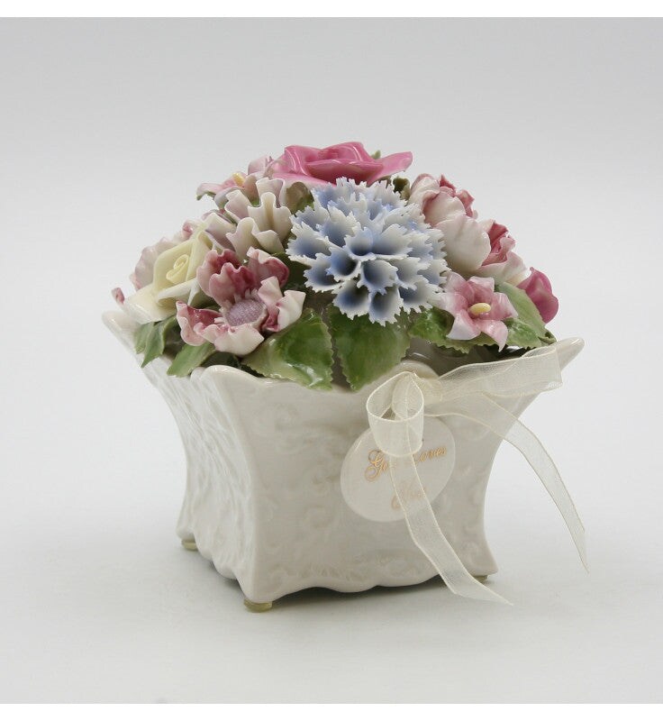 Pretty Petals: Elegant Handcrafted Ceramic Flowers Bouquet Music Box with Removable &#x22;God Loves You&#x22; Pendant - Edelweiss