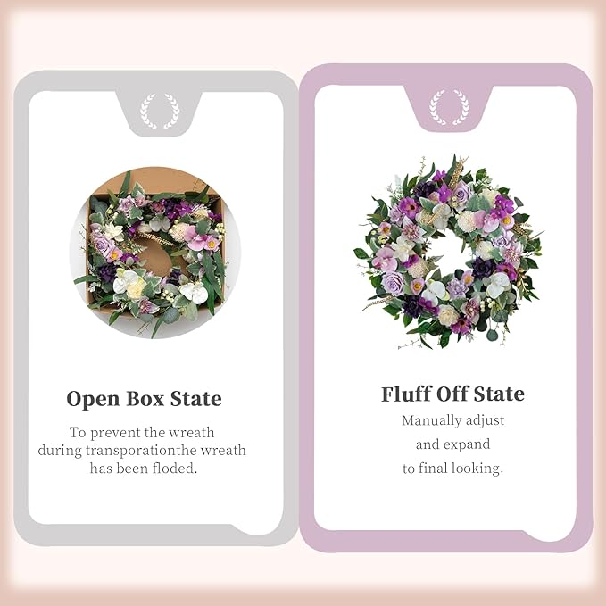 22&#x22; Artificial Flower Wreath Spring/Summer Floral Wreaths for Front Door with Roses Orchid Gardenia Dahlia Full and Elegant Decor for Inside Outside Wall Window Festival Party Wedding &#xFF08;White Purple&#xFF09;