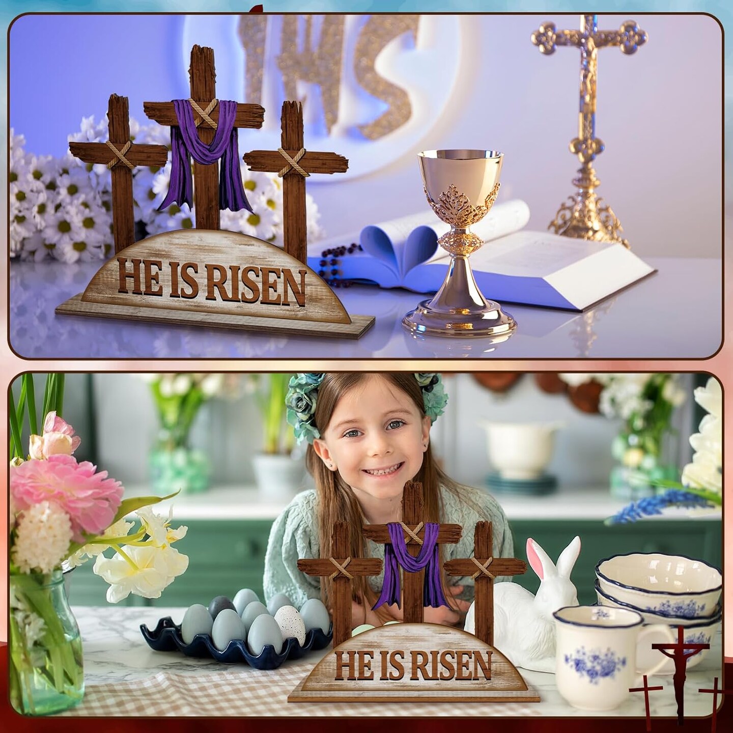 Easter Table Decor He is Risen Decor Wooden Cross Tabletop Signs Christian Table Centerpiece Religious