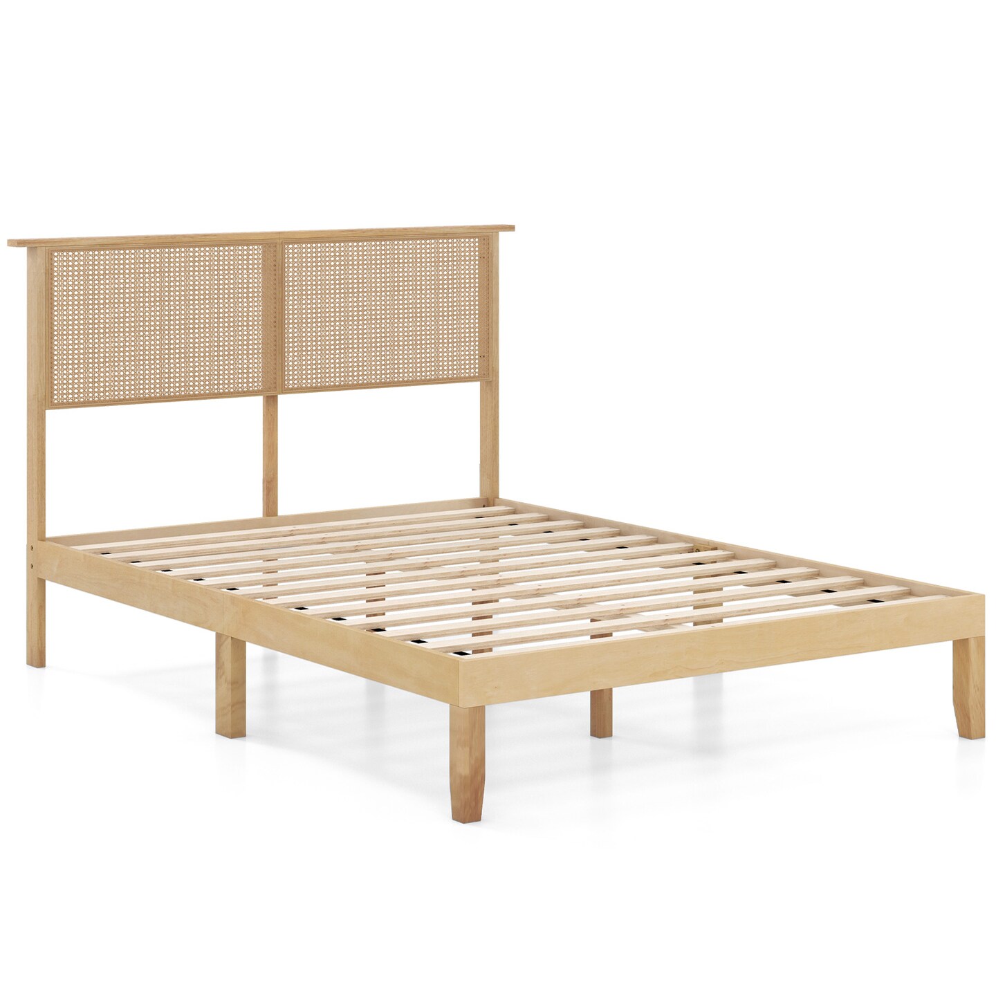 Natural Platform Bed Frame with Rattan Headboard and 12 Wooden Slats