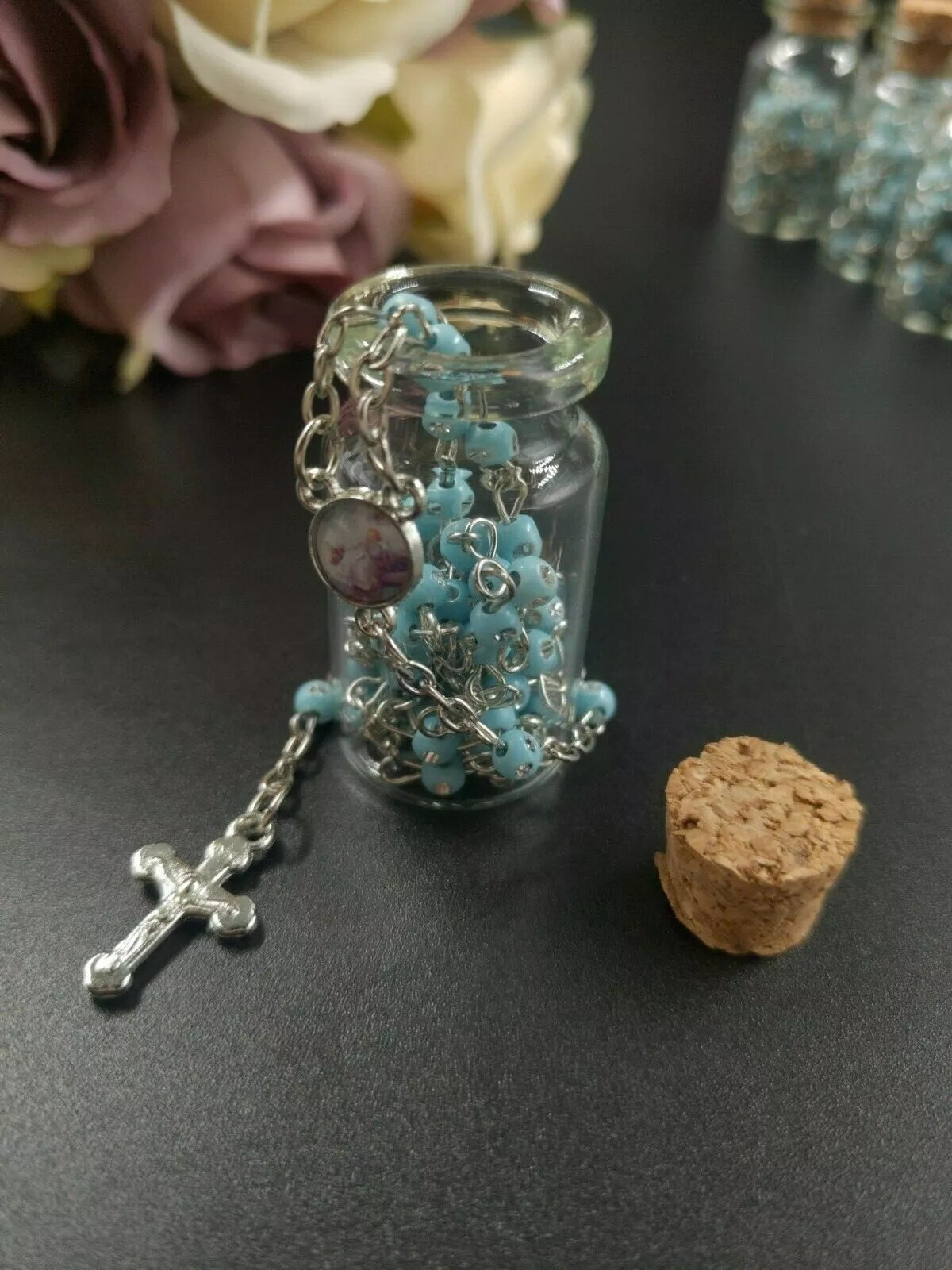 12 Rosary in Glass Bible Cross Blue Beads CATHOLIC Mary Crucifix Necklace Bottle