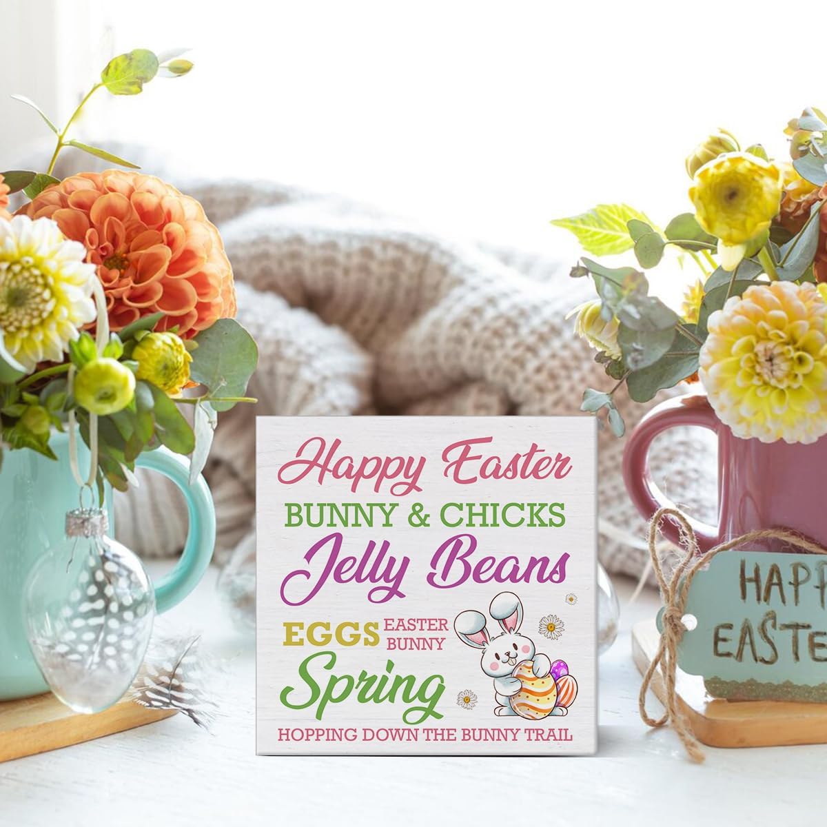Easter Decor Happy Easter Bunny Wooden Sign, Easter Decorations for the Home, Easter Wooden Plaque Block Sign Rustic Home Kitchen Decor 5 x 5 Inches