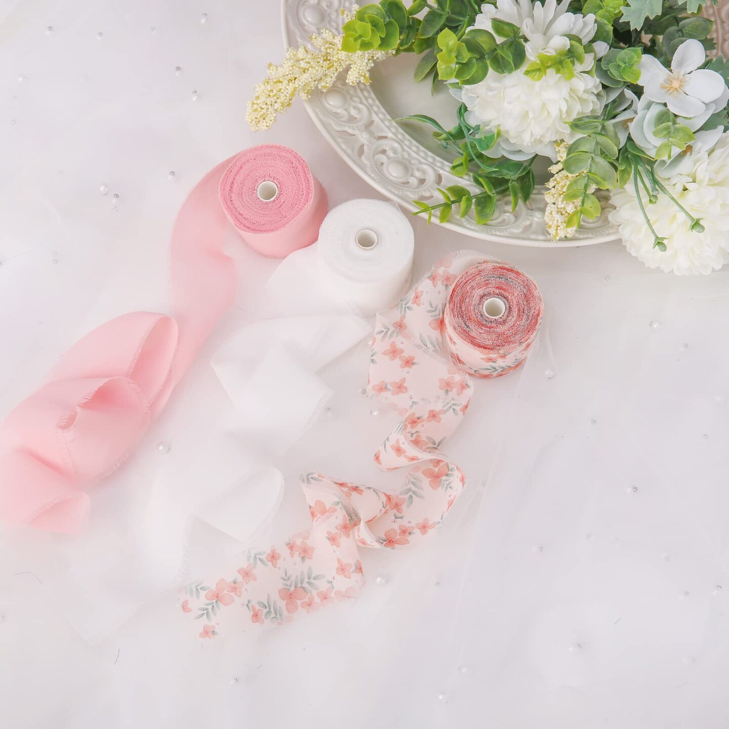 Dseason Handmade Fringe Floral Silk Chiffon Ribbons 1.5" x 7 Yards, 3 Rolls 21 Yards Pink Floral Ribbons Set for Wedding Invitations, Bridal Bouquets, Gifts Wrapping, DIY Crafts Decoration