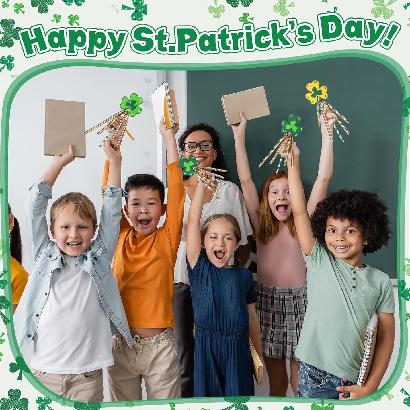 24 Set St. Patrick&#x27;s Day Shamrock Wand Craft Kits with Dark Green Stripes Straws Felt Clover
