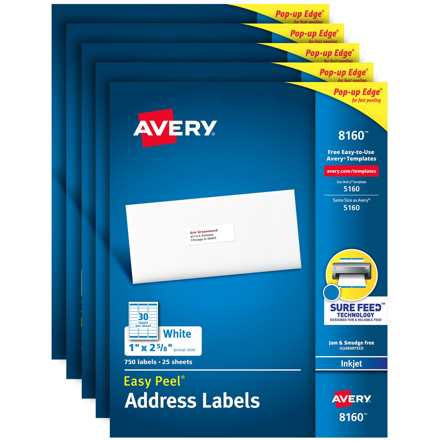 Avery Easy Peel Printable Address Labels with Sure Feed, 1&#x22; x 2-5/8&#x22; Customizable Stickers, White, 750 Blank Mailing Labels, Great for Mailing, Shipping, and More (8160) - 5 Pack