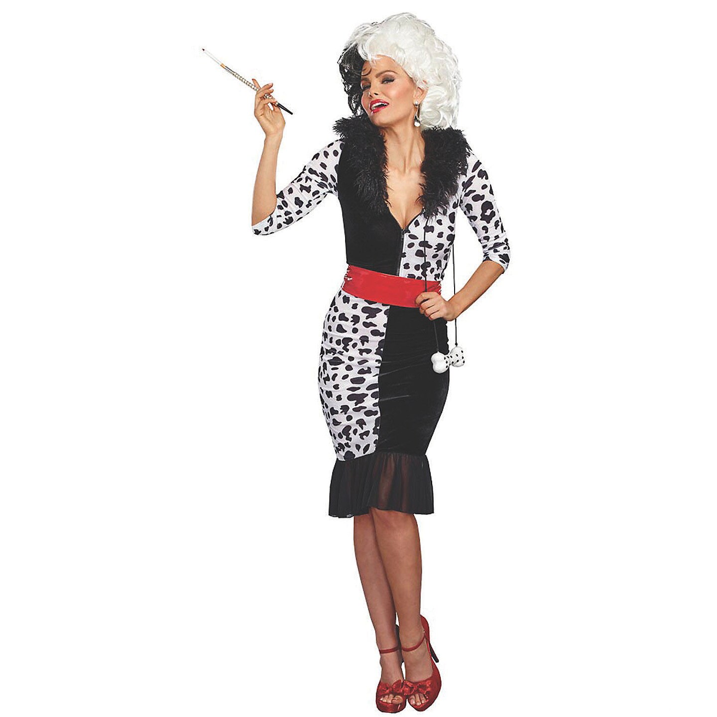 Dalmation Diva Halloween Costume for Women with Faux Fur Collar and Dog Bone