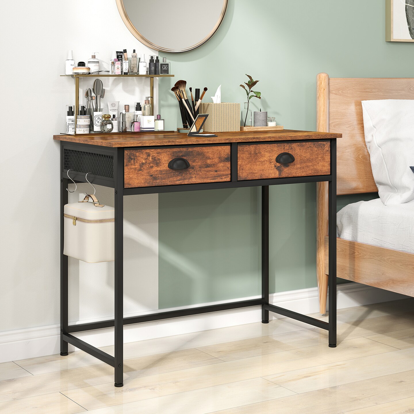 Space Saving Home Office Desk with 2 Fabric Drawers and 4 Hanging Hooks