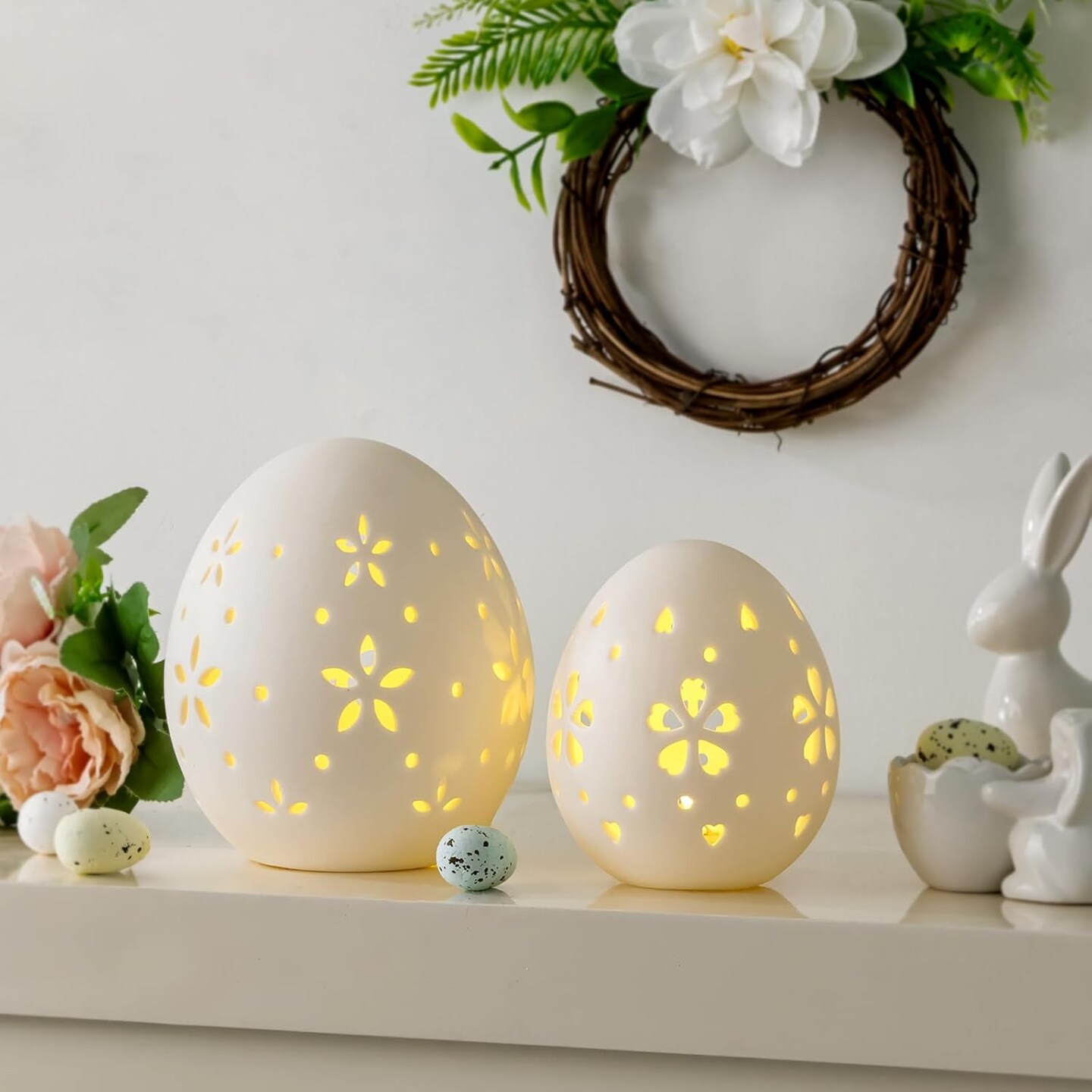 Easter Decorations: White Ceramic Lighted Easter Egg Set of 2, Farmhouse Rustic Hollow Easter Eggs Light Up Tabletop Statue