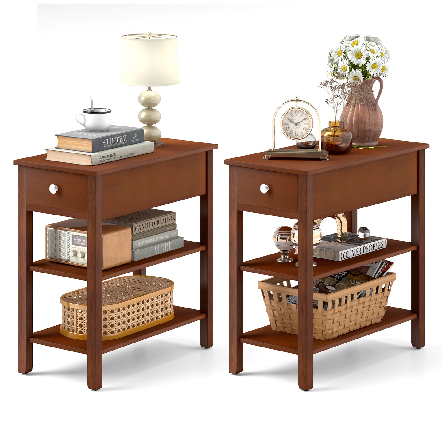 3-Tier Narrow End Table with Drawer and Storage Shelves Set of 2-Brown