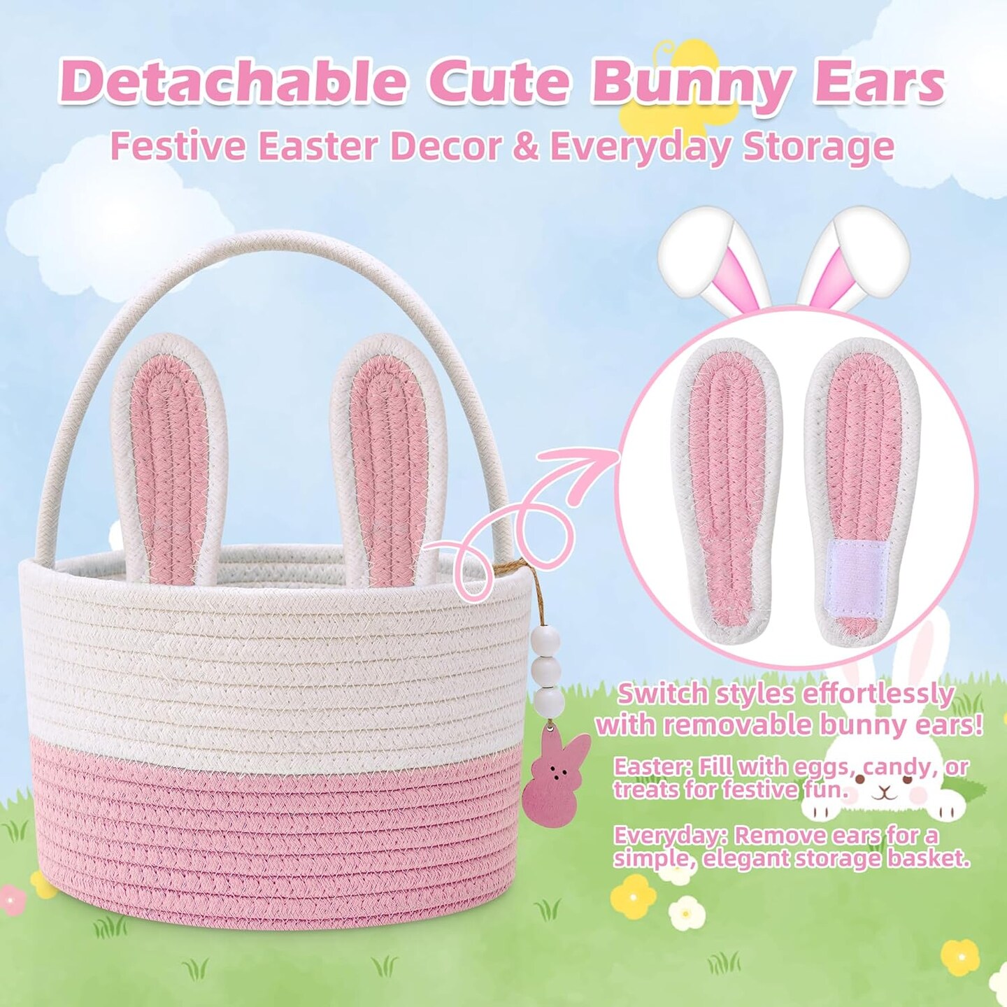 Easter Baskets for Kids, Pink Large Woven Rope Bunny Personalized Easter Basket Empty with Handle, Basket Name Tag, Baby Egg Easter Baskets for Girls, Boys, Toddler, Babies, Infant, Easter Gifts