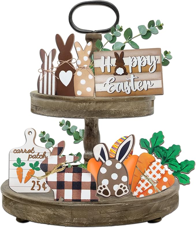 Easter Bunny Tiered Tray Decor, Farmhouse Tiered Tray Decorations, Happy Easter Bunny Carrots Buffalo Plaid Wooden Signs, Spring Rustic Rabbit Decor for Home Table Mantel Church Party