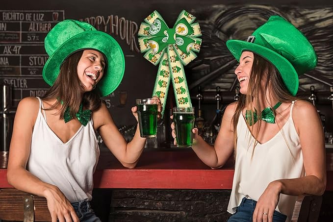 2 Rolls St Patrick&#x27;s Day Ribbon, 2.55&#x22; x 5 Yards, Wired Edge Ribbon with Leprechaun &#x26; Shamrock Pattern, Green Plaid Border Decorative Ribbon for Holiday Party Home Decor Wreath Making Gift Wrap